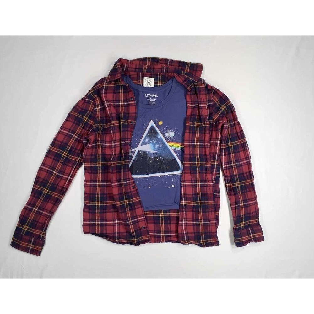 Womens Large red plaid Flannel with Pink Floyd cropped tank top Indie Sleaze